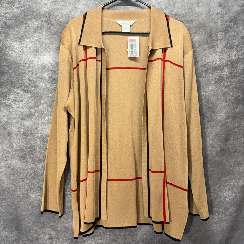 Exclusively Misook Acrylic Knit Open Front Cardigan Plus Size 3X Beige Red Plaid